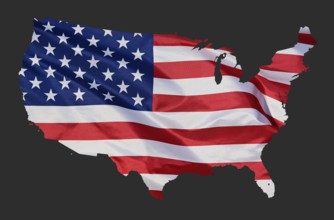 Outline map of the USA designed with the national flag