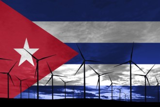 Cuba flag wind farm at sunset, sustainable development, renewable energy Wind Turbines