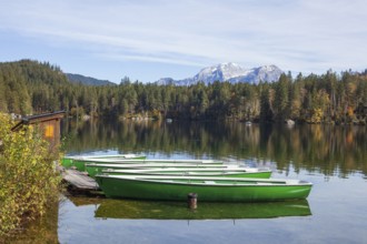 Mountain massif Hoher Göll with forest and boats at Hintersee in autumn, Ramsau, Berchtesgaden,