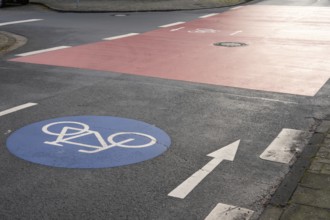 Bike path crossing a red bicycle lane at an urban intersection, promoting cycling infrastructure