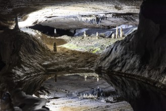 Pool of Reflections, stalactites reflected in a pool of water, stalactite cave, Ingleborough Cave,