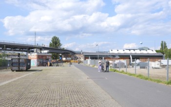 Berlin, Germany, July 14, 2023, summer scene in Park am Gleisdreieck with foot and bike path,