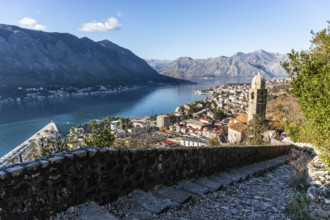 Footpath to Kotor Fortress, view of the town of Kotor and the Bay of Kotor from the hill above the
