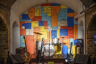 The exhibition of instruments at The Beatles Story, a museum in Liverpool, United Kingdom, Europe