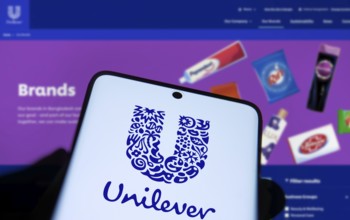 unilever logo is displayed on smartphone. Unilever PLC is a British multinational fast-moving