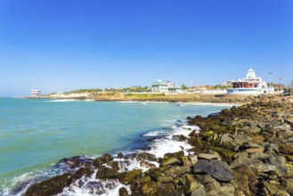 Landscape view of Kamarajar and Gandhi Memorial Mandapam on the coastline of Kanyakumari on a sunny