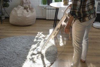 A woman vacuums a round carpet in a house among house plants with a hand vacuum cleaner. General
