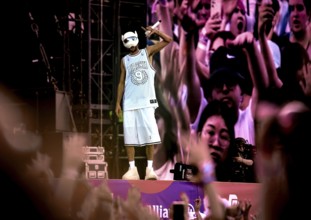 Rapper Cro takes to the stage at the 2024 Lollapalooza Festival in Berlin's Olympic Stadium