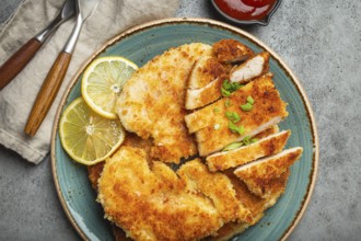 Crispy panko breaded fried chicken fillet with green salad and lemon cut on plate on gray rustic