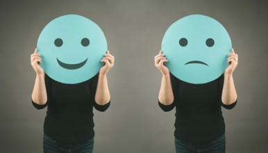 Head with a sad and a happy face, mental health concept, positive and negative mindset, depression,