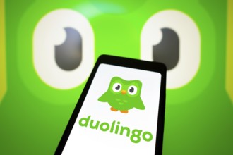 May 10, 2024, Brazil. In this photo illustration, the Duolingo logo is displayed on a smartphone