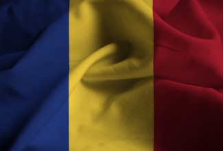 Closeup of Ruffled R omaniaFlag, Romania Flag Blowing in Wind
