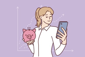 Woman accountant with piggy bank and phone is standing near financial chart calling to start