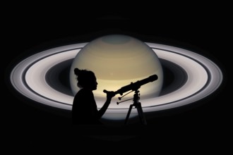Girl looking at the stars with telescope. Saturn planet, isolated on black. Elements of this image