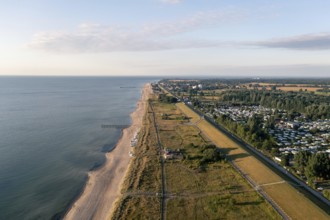 Dahme, Germany, July 31, 2021: Aerial drone view of Dahme Beach in Schleswig-Holstein, Europe