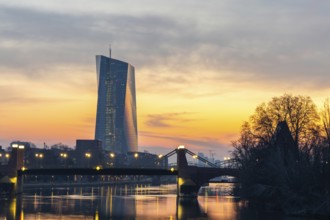 View across the Main to the ECB. Sunrise in the background of the buildings. Taken in the morning