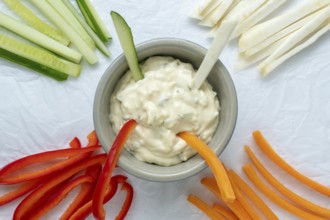 Healthy vegetables and dip snack. Vegetable sticks and dips in bowl