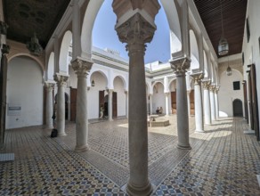 TANGIER, MOROCCO, APRIL 03, 2023, Beautiful white courtyard of the Kasbah museum in Tangier,