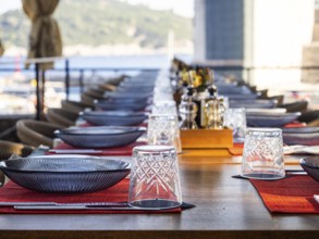 Set tables in a restaurant, harbour of Dubrovnik, Dalmatia, Croatia, Europe