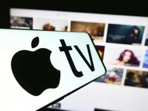 Stuttgart, Germany, 09-23-2023: Smartphone with logo of video streaming service Apple TV plus on