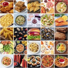 Food collage layout. A variety of dishes, a collection for a restaurant banner. International