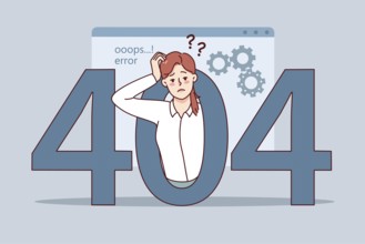 Confused woman experience 404 error on computer. Frustrated unhappy female employee have mistake