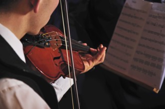 Violinists performing in live concert