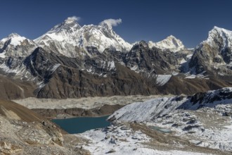View from Renjo La, the mountain pass in Khumbu, the Everest Region, photographed on a clear, blue