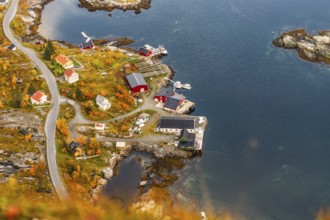 Aerial view of a small island village surrounded by a vibrant autumn landscape, mountains, rocks,
