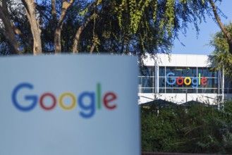 The Google logo seen at Google Headquarters