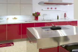Red island kitchen silver modern interior house architecture