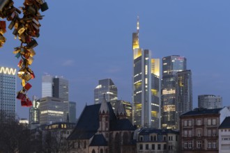 View of the skyline through the streets of a financial district. in the morning at sunrise with a