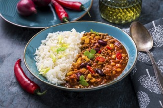Hot Chilli con carne with rice served in bowl