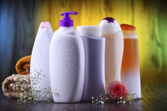 Plastic bottles of body care and beauty products