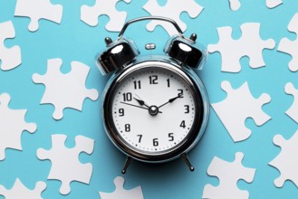 Retro alarm clock jigsaw puzzle pieces blue backdrop