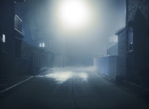 Foggy mysterious nighttime scenery of a small city street lit with a street light