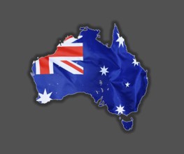 Outline map of Australia designed with the national flag