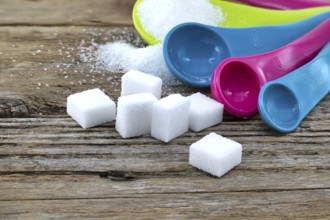 Array of sugar presentations on a wooden table, showcasing sugar cubes and granulated sugar