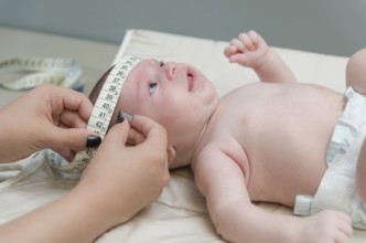 Pediatrician examining little baby in clinic