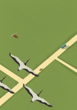 Vector background with road, green fields, cars, tractor and flying geese, isometric background