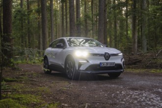 A white car in the forest in low light with headlights on, surrounded by trees, Renault Megane,