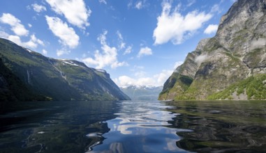 Atmospheric fjord landscape, Geirangerfjord with reflection, Møre og Romsdal, Norway, Europe