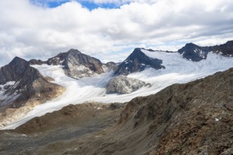 High mountain landscape, view of mountain peaks Königshofspitz and Hofmannspitze with glacier of