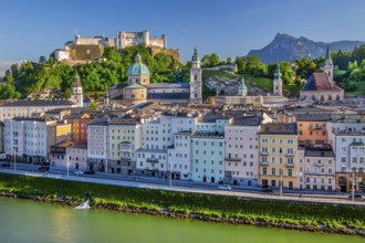 Panoramic view from the Kapuzinerberg over the Salzach to the old town with the Hohensalzburg