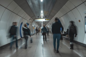 Tourists and commuters navigating an underground corridor in london, united kingdom, surrounded by