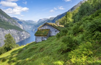 Blomberg Gård, historic mountain farm with grass roof on a steep mountainside above the