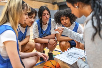 Basketball coach explaining game strategy to her young female athletes using whiteboard and marker