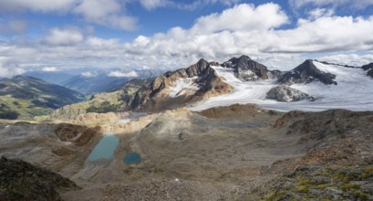 High mountain landscape, view of blue glacial lakes, mountain peaks Königshofspitz and