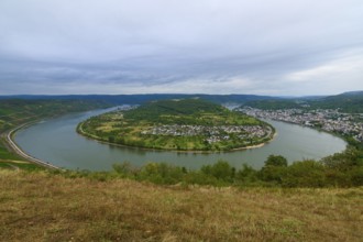 Clear picture of a river bend with neighbouring town and surrounding green hills, summer, Rhine