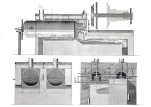 Apparatus for the production of wholemeal from straw, historical, digitally improved reproduction